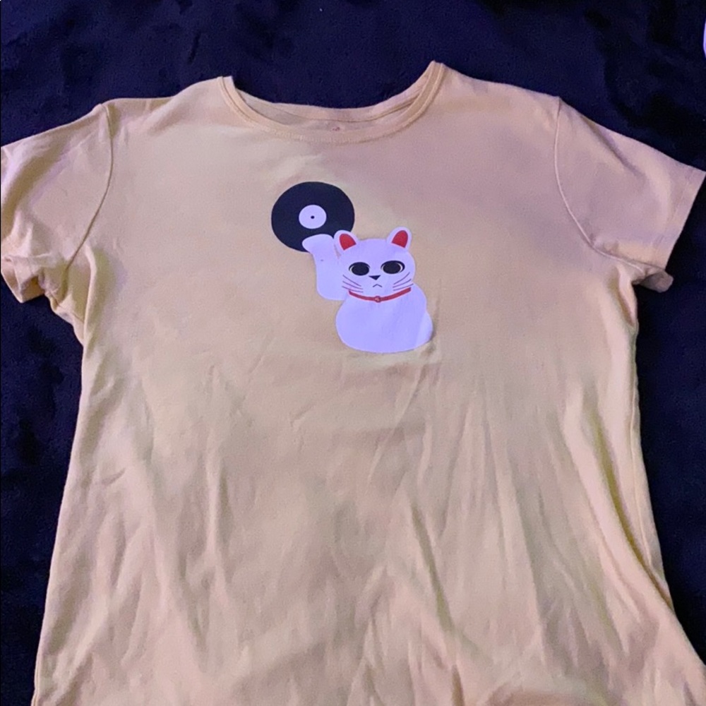 screen printed cat with record yellow shirt